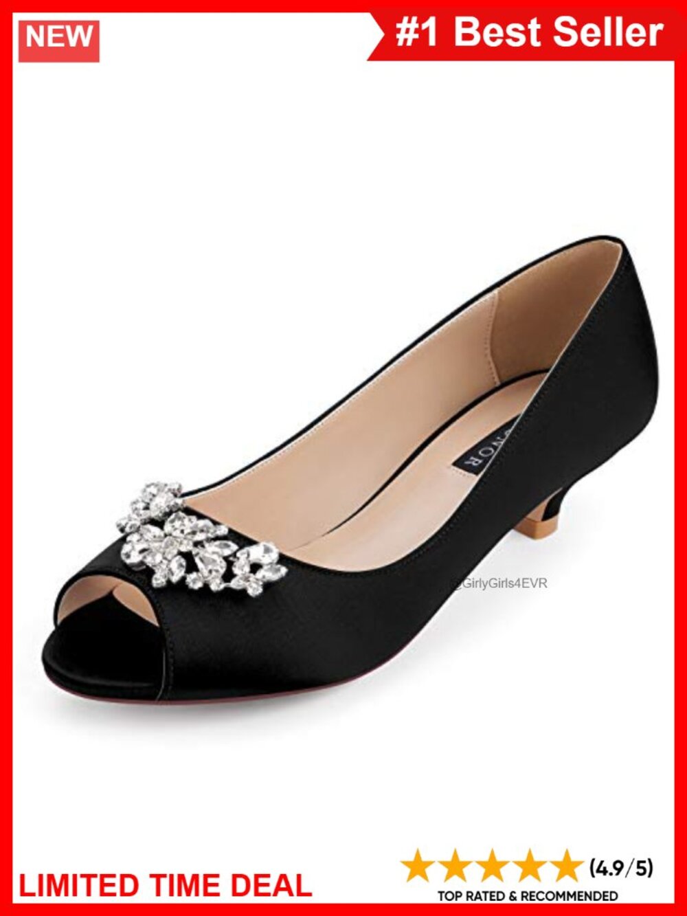 ERIJUNOR Women Comfort Low Kitten Heels Rhinestones Peep Toe Wedding Evening